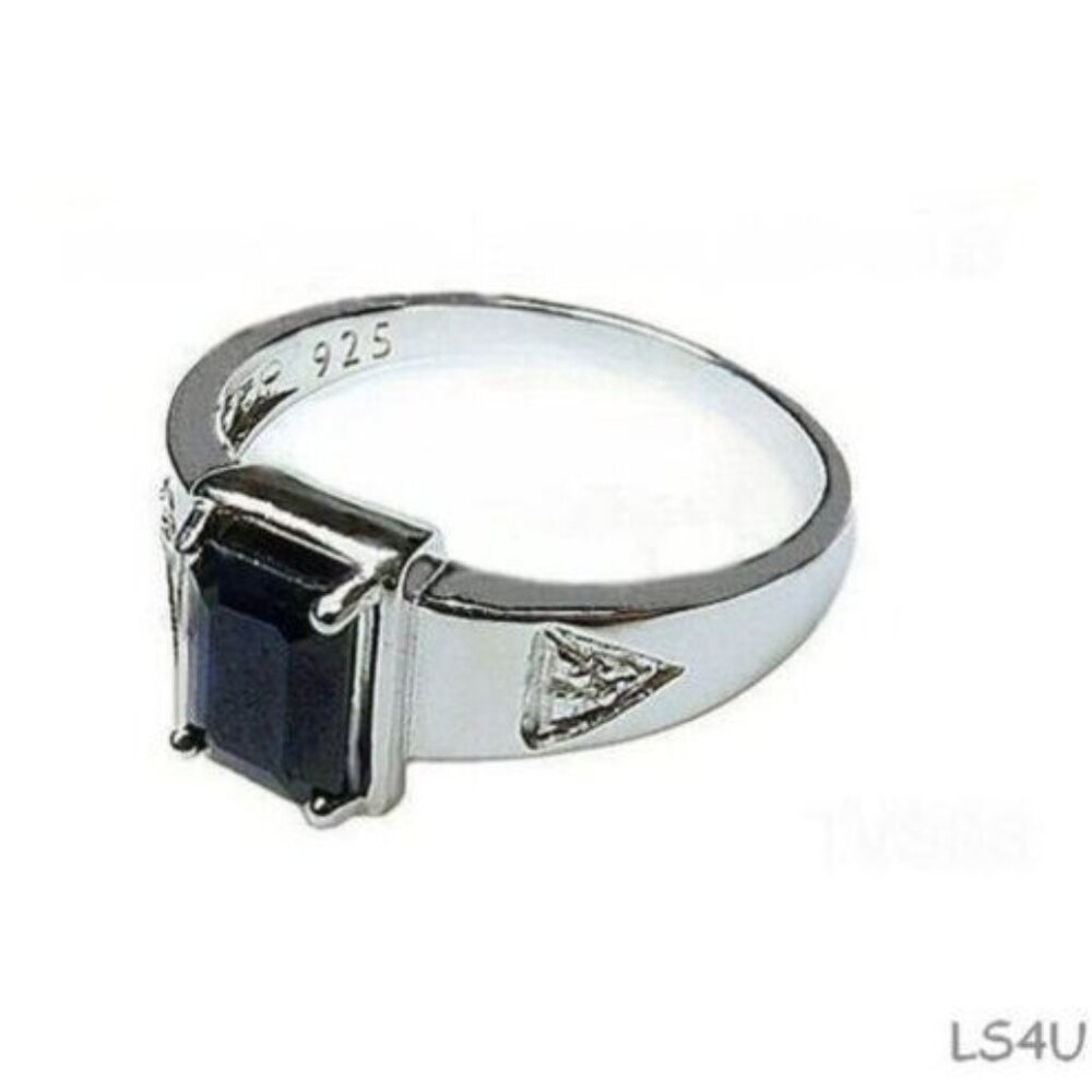 Natural Blue Sapphire Ring 10k White Gold Plated in 925 Sterling Silver - Size 7